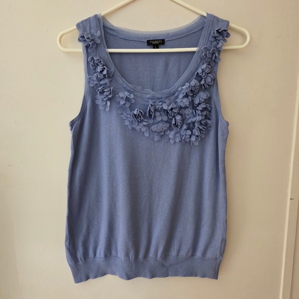 Talbots Women Tank Top Adult Large Blue Floral Applique Sleeveless OId Money
